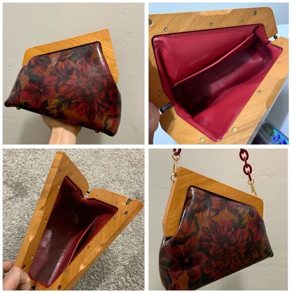 Handmade Genuine Premium Leather Floral Print Wooden Frame Bag with 2 Straps - Picture 15 of 16